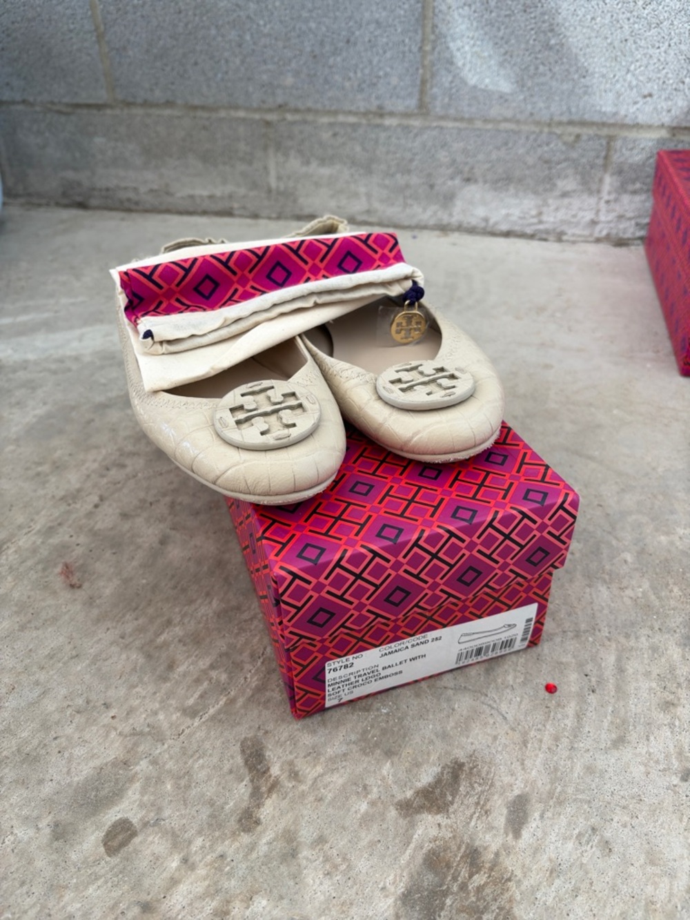 Tory Burch Cream Croc-Embossed Logo Round-Toe Flats